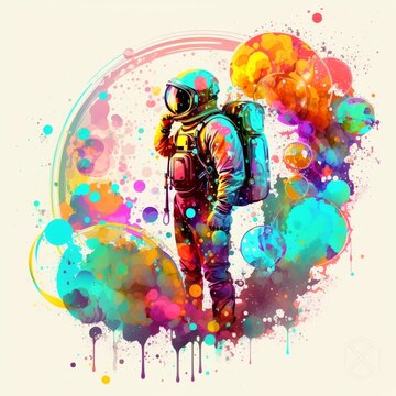 An astronaut in a beautiful colorful bubbles galaxy on another planet. Generative AI.