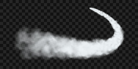 Traces of white smoke from an airplane, rocket or spacecraft launch. Realistic 3d vector illustration isolated on transparent background.