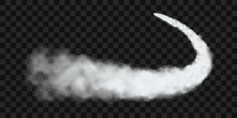 Selbstklebende Fototapeten Traces of white smoke from an airplane, rocket or spacecraft launch. Realistic 3d vector illustration isolated on transparent background. © Larysa