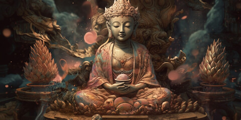Buddha sitting in lotus position Surreal Digital Illustration Generated AI