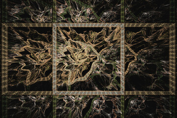 Dark orange pattern of crooked waves with squares on a black background. Abstract fractal 3D rendering