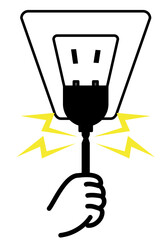 コンセントから電源プラグを抜くときに電源コードを引っ張ってしまい、断線して火花が飛び散る様子