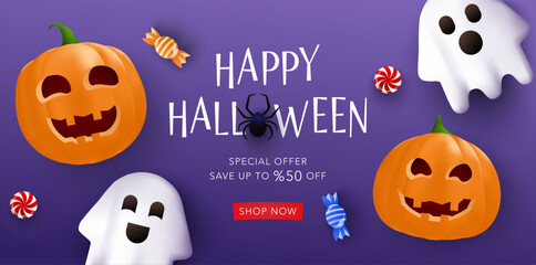 Happy Halloween sale banner template. Party invitation with scary pumpkin, cute ghost, candy and spider at purple background. Vector illustration for sale, discount, vouchers, website, social media.