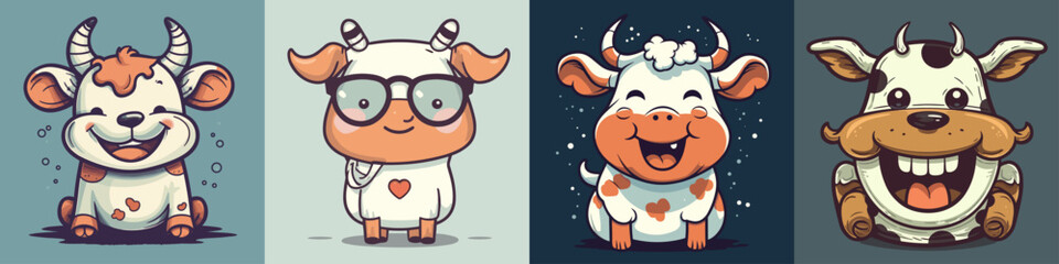 Flat color vector of happy cow set collection