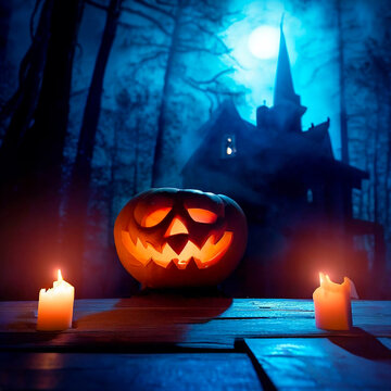 Halloween pumpkin on a wooden table. background blue mysterious hut in the forest