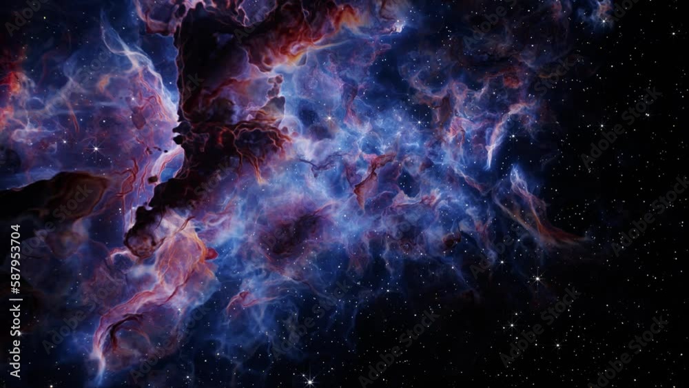 Sticker flying through deep space stars and nebula. realistic 3d animation