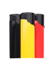 Stylish small pocket lighters on white background, top view