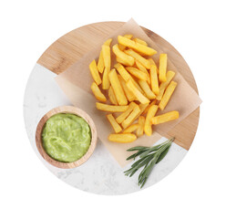 Tray with delicious french fries, avocado dip and rosemary isolated on white, top view
