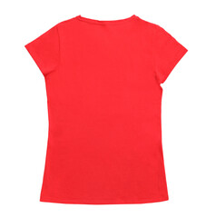 Stylish red female T-shirt isolated on white, top view