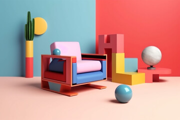 design colourful sofa room wall geometric interior art armchair memphis home. Generative AI.