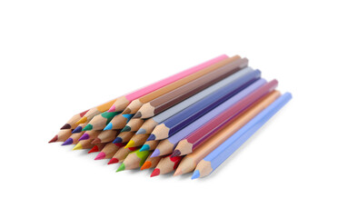 Pile of colorful wooden pencils on white background