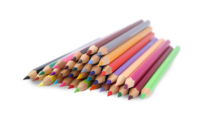 Fototapeta premium Pile of colorful wooden pencils on white background