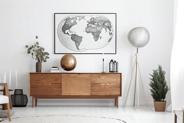 Interior of modern living room with sideboard and metallic globe on it, white wall, Contemporary room with dresser. Home design with poster - Generative AI