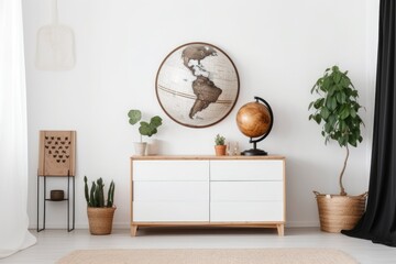 Interior of modern living room with sideboard and metallic globe on it, white wall, Contemporary room with dresser. Home design with poster - Generative AI