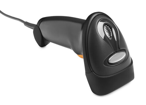 Black modern barcode scanner isolated on white