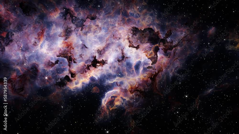Sticker flying through deep space stars and nebula. realistic 3d animation