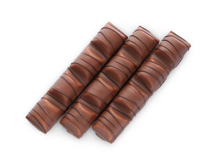 Tasty chocolate bars on white background, top view