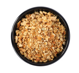 Bowl of dried orange zest seasoning isolated on white, top view