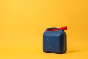 Blue plastic canister with tube on orange background. Space for text