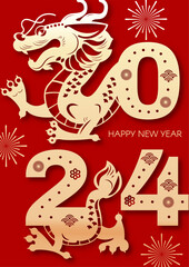 Happy Chinese new Year, Year of the Dragon! Eastern calendar design template with Dragon beast. Asian traditional holiday celebration. Chinese text means 