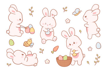 Obraz na płótnie Canvas Easter bunny in kawaii style and pastel colors. Vector collection of cartoon rabbits in different poses with eggs, bee and butterfly