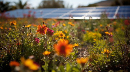 solar panels in the foreground, in a field of flowers, environmental and renewable energy concept Generated AI