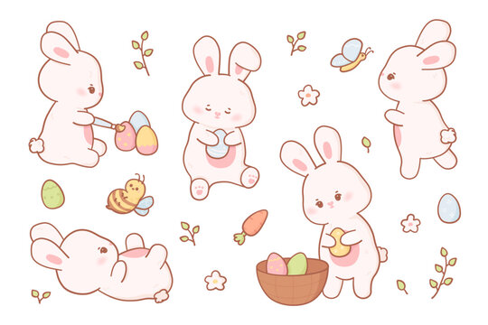 Easter bunny in kawaii style and pastel colors. Vector collection of cartoon rabbits in different poses with eggs, bee and butterfly