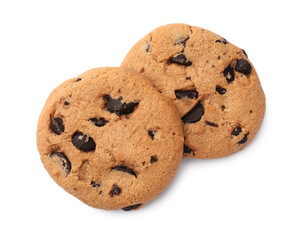 Delicious chocolate chip cookies isolated on white, top view