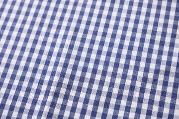 Blue checkered tablecloth as background, closeup view