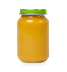 Glass jar with healthy baby food isolated on white