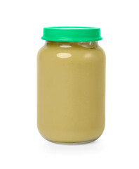Glass jar with healthy baby food isolated on white