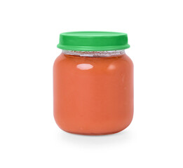 Glass jar with healthy baby food isolated on white