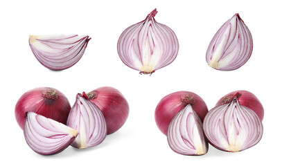 Collage with whole and cut red onions on white background