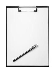 Clipboard with sheet of paper and pen isolated on white, top view. Space for text