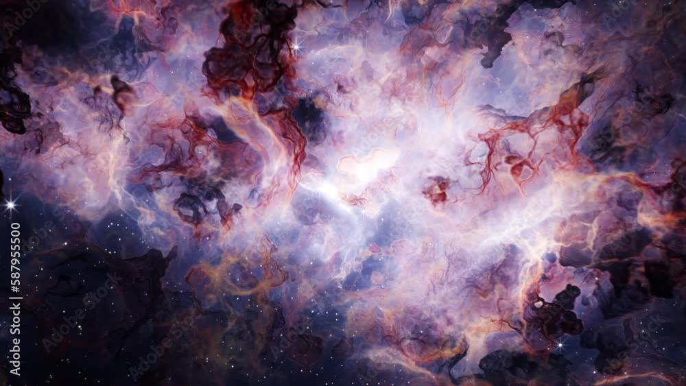 Sticker flying through deep space stars and nebula. realistic 3d animation