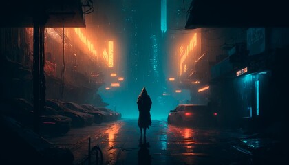 Cyberpunk futuristic city. Dark rainy day with skyscrapers. Dystopian future with neon signs and light. Advanced technological metropolis, Digital illustration sci fi cityscape. Generative AI
