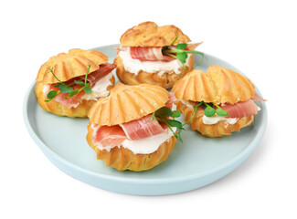 Delicious profiteroles with cream cheese and prosciutto isolated on white