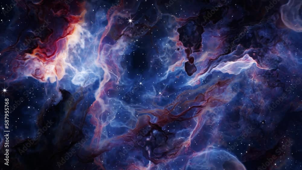 Sticker flying through deep space stars and nebula. realistic 3d animation