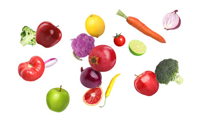 Many fresh vegetables and fruits falling on white background