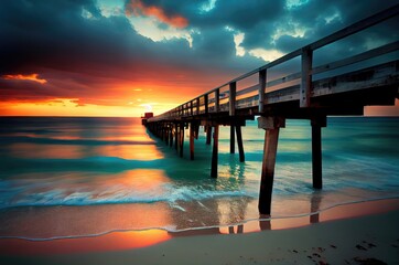 Obraz premium Exotic Vacation Destination On Beach With Pier Walkway Background Generative AI