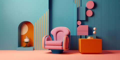 art interior colourful shade geometric design room home armchair sofa memphis. Generative AI.