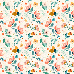 Seamless floral pattern ornament of hand-drawn abstract flowers and leaves. Vector summer spring background trend colors. Design for printing, fabric, greeting card, textiles, paper, wallpaper.