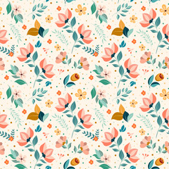 Seamless floral pattern ornament of hand-drawn abstract flowers and leaves. Vector summer spring background trend colors. Design for printing, fabric, greeting card, textiles, paper, wallpaper.