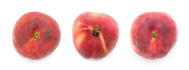 Tasty flat peaches on white background, top view