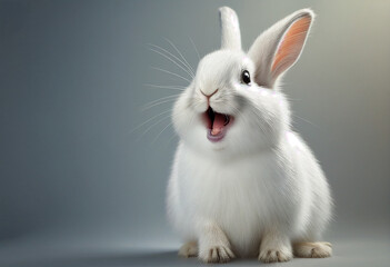Cute white rabbit on grey background, closeup. generative ai