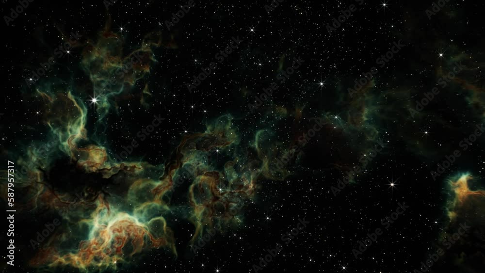 Sticker flying through deep space stars and nebula. realistic 3d animation
