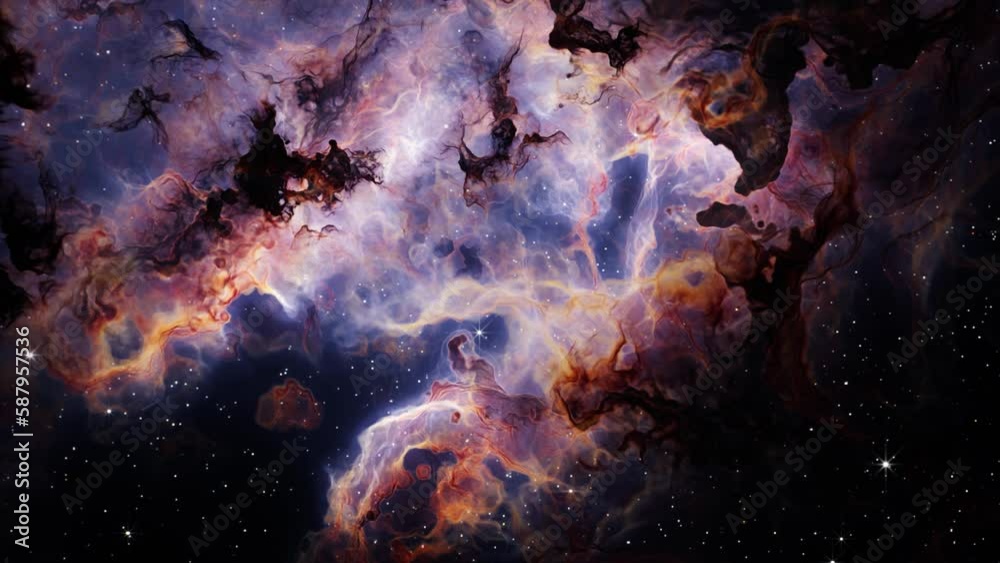 Poster flying through deep space stars and nebula. realistic 3d animation