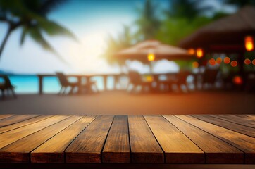 Wood Plank With Beach Tropical Background And Copyspace Generative AI