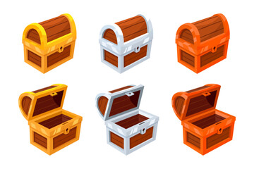 Open and close mystery wooden chest. Gold Silver Bronze Treasure on isolated white background. Random a secret loot box concept. Vector illustration cartoon flat isometric design.