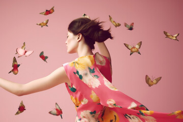woman colorful flying peony beauty fashion spring flower falling caucasian art. Generative AI.